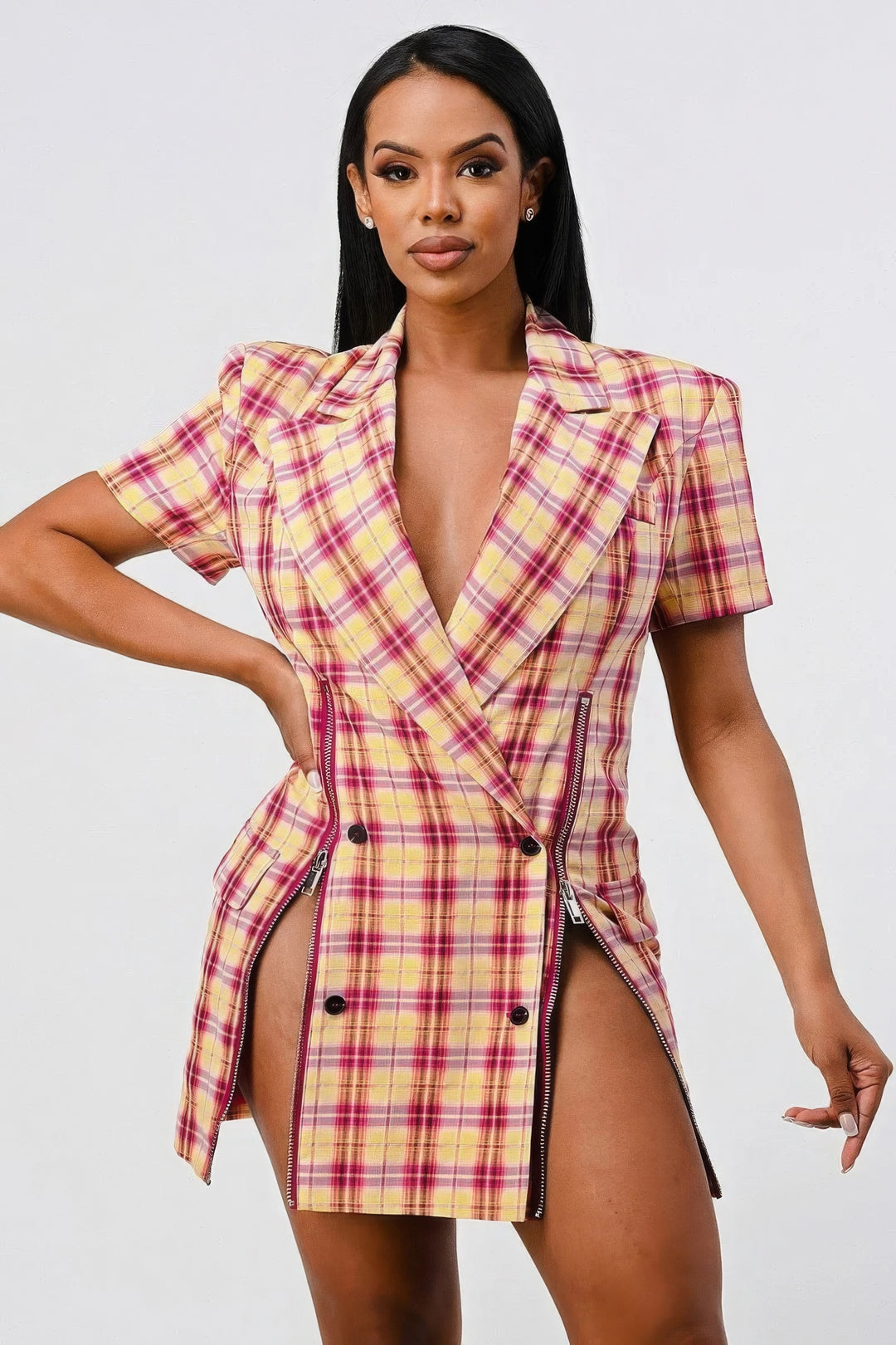 Wide Collared Double Breasted Plaid Blazer Mini Dress - from Seductive Collection