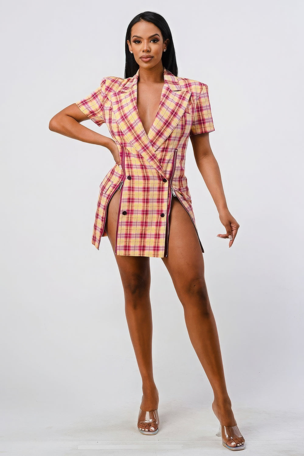 Wide Collared Double Breasted Plaid Blazer Mini Dress - from Seductive Collection