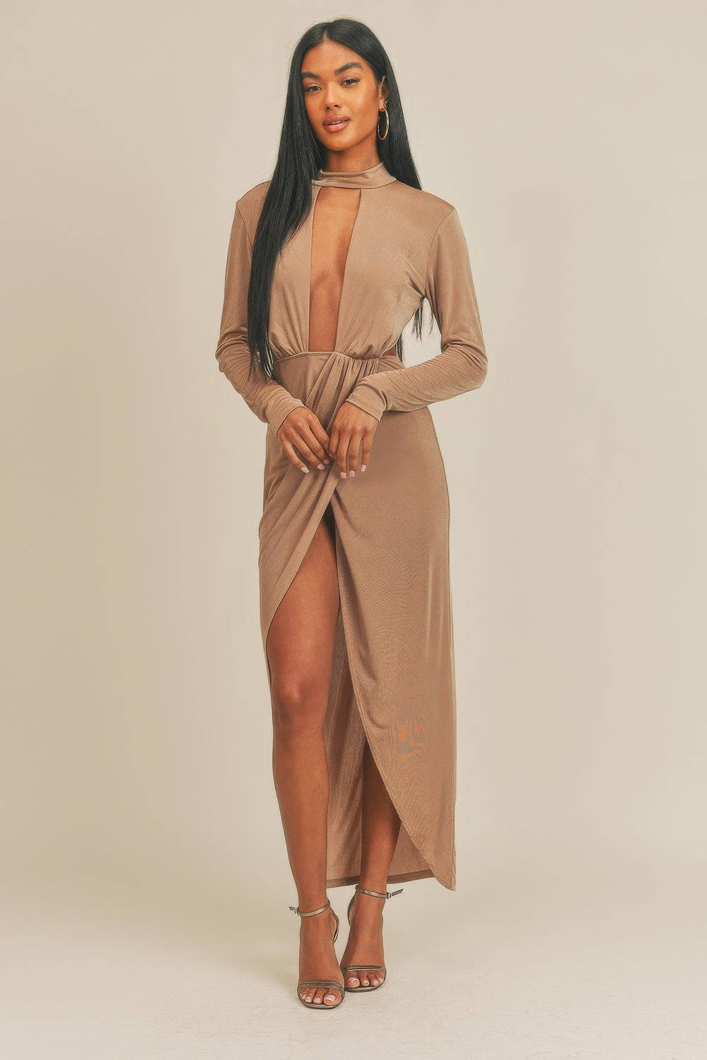 Open Front Turtle Neck Pecan Brown Dress from Seductive Collection