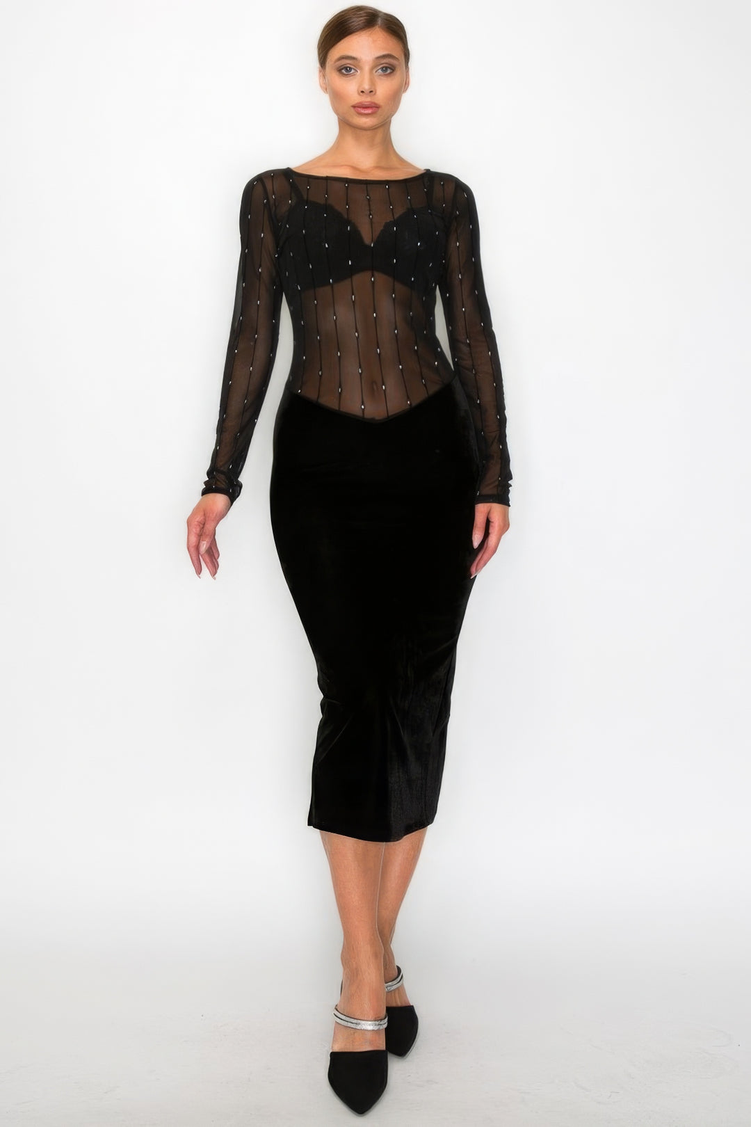 Sheer Top Velvet Bottom Rhinestone Midi - Uncategorized from Seductive Collection