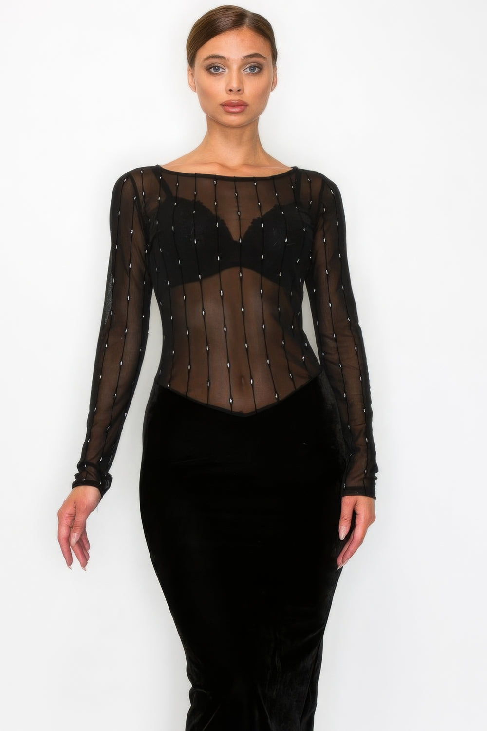 Sheer Top Velvet Bottom Rhinestone Midi - Uncategorized from Seductive Collection