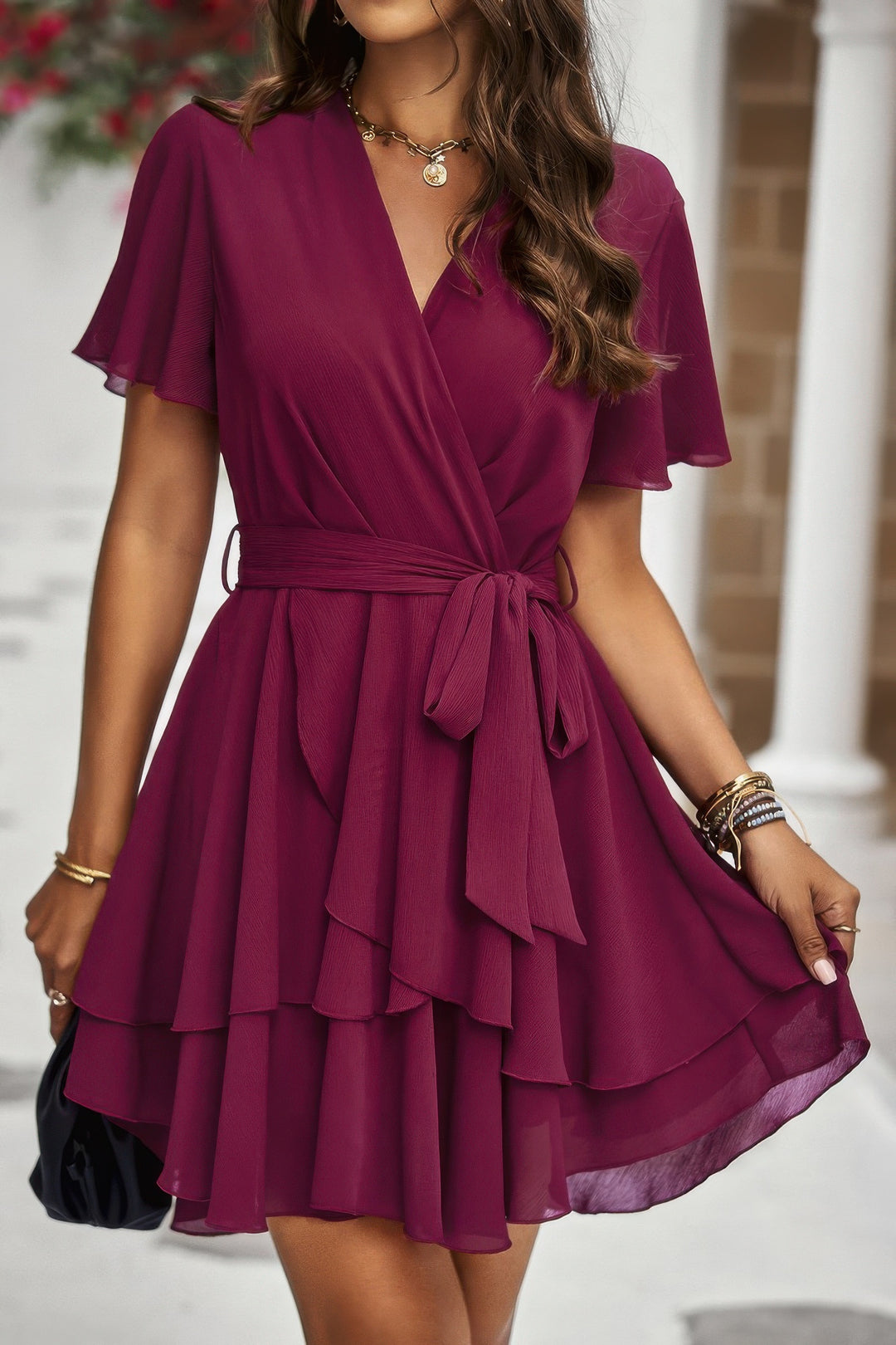 Chiffon Ruffle Dress With Waist Tie - Uncategorized from Seductive Collection