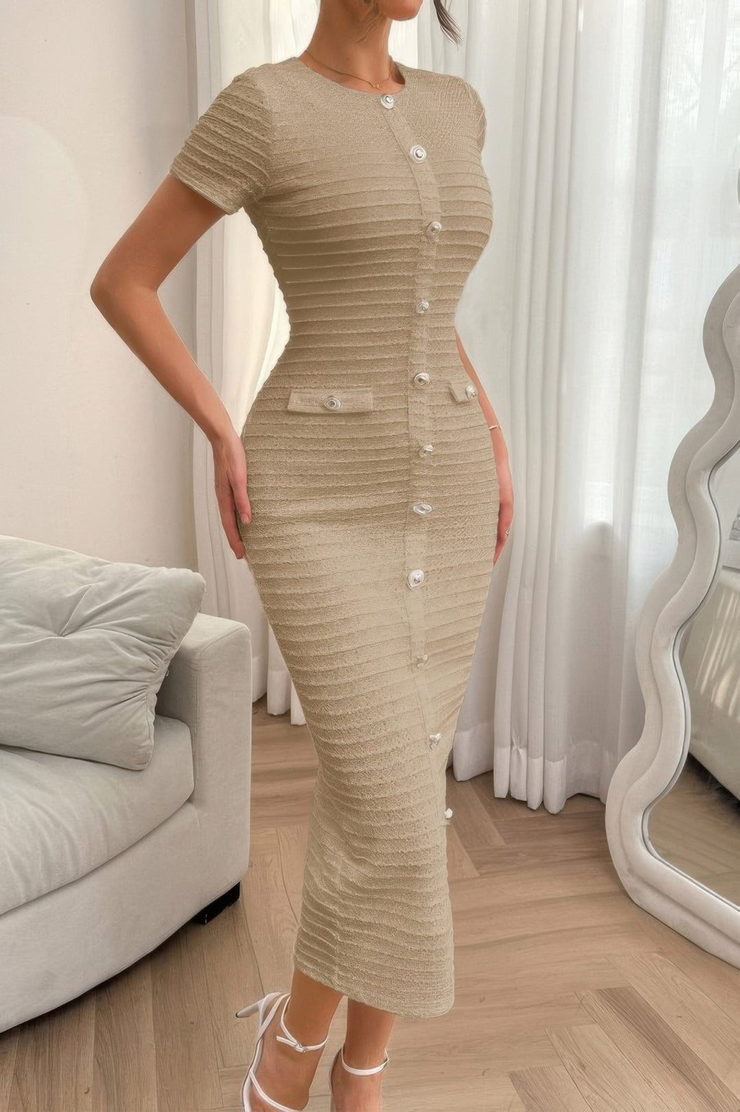 Ribbed Button Dress with Invisible Front Zipper from Seductive Collection