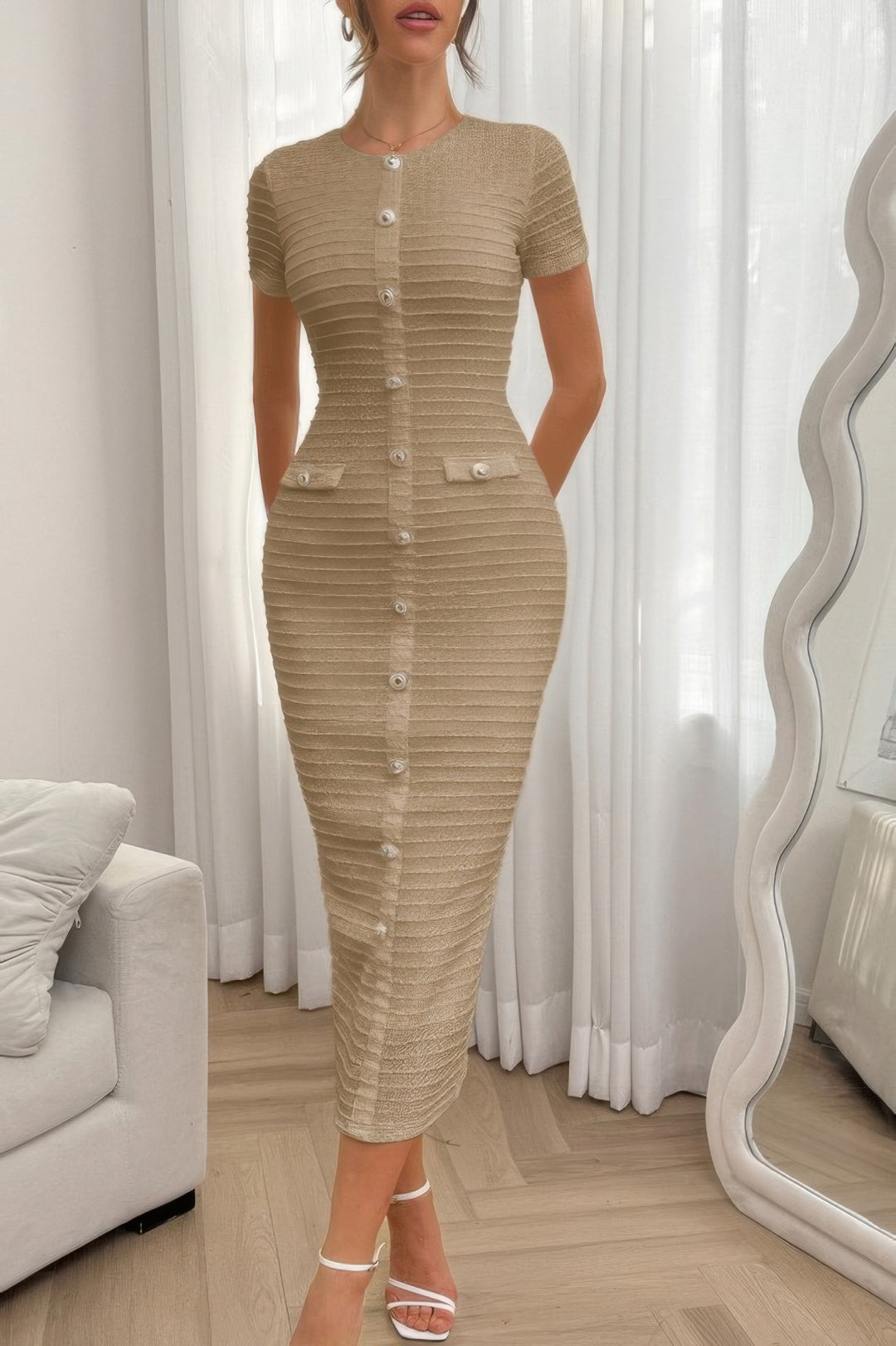 Ribbed Button Dress with Invisible Front Zipper from Seductive Collection